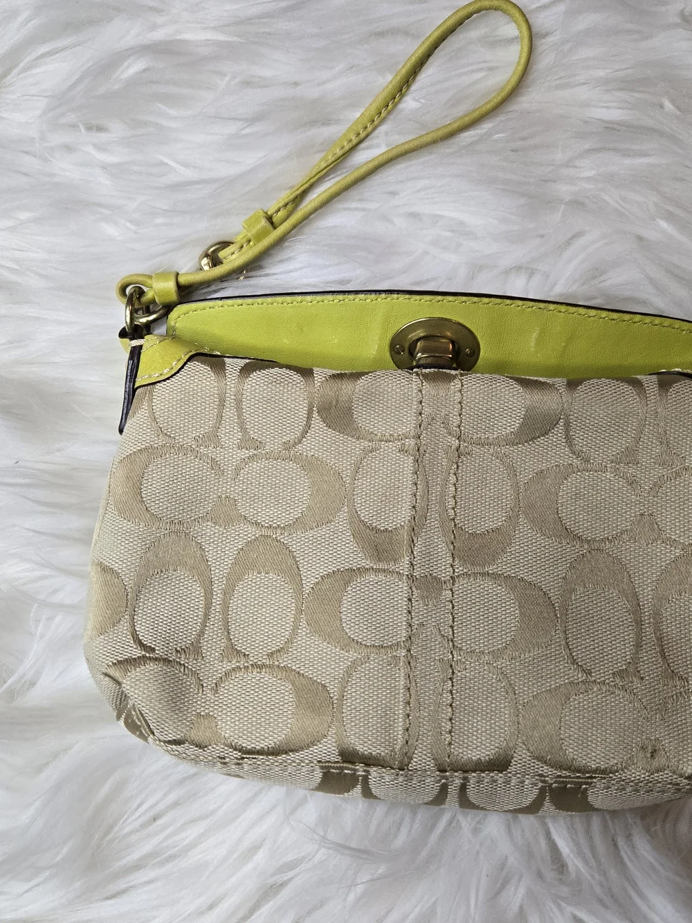 Coach Beige Signature Canvas Wristlet with Lime Trim